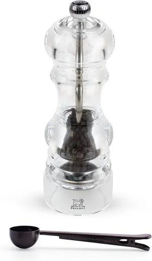 Peugeot - Nancy Acrylic Manual Pepper Mill - Transparent Adjustable Grinder Gift Set- With Stainless Steel Spice Scoop/Bag Clip, 7