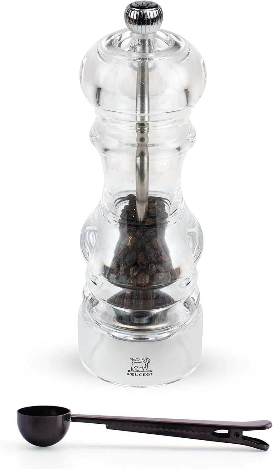 Peugeot - Nancy Acrylic Manual Pepper Mill - Transparent Adjustable Grinder Gift Set- With Stainless Steel Spice Scoop/Bag Clip, 7