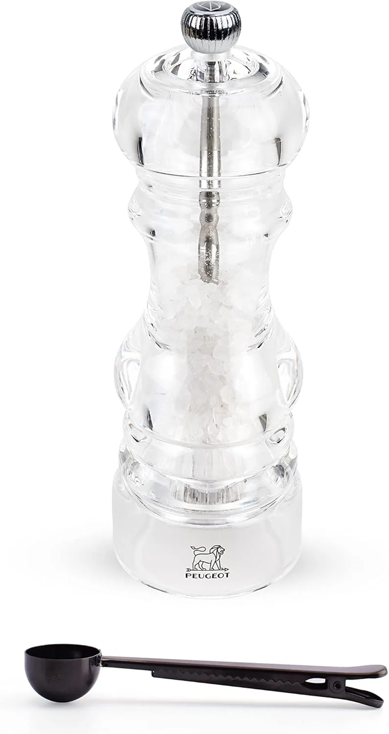 Peugeot - Nancy Acrylic Manual Salt Mill - Transparent Adjustable Grinder Gift Set- With Stainless Steel Spice Scoop/Bag Clip, 7 Inch