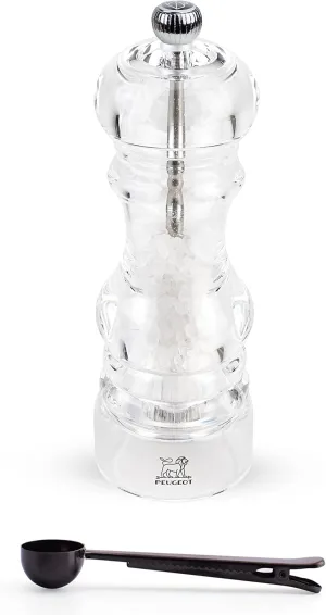Peugeot - Nancy Acrylic Manual Salt Mill - Transparent Adjustable Grinder Gift Set- With Stainless Steel Spice Scoop/Bag Clip, 7 Inch