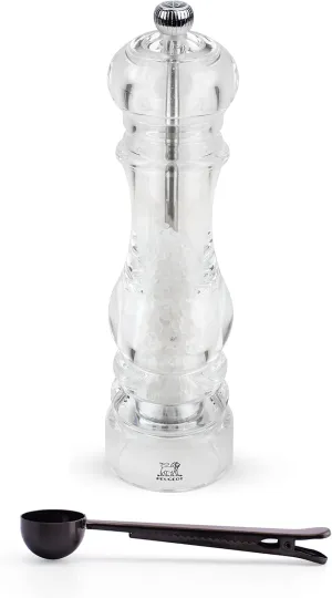 Peugeot - Nancy Acrylic Manual Salt Mill - Transparent Adjustable Grinder Gift Set- With Stainless Steel Spice Scoop/Bag Clip, 8.75 Inch