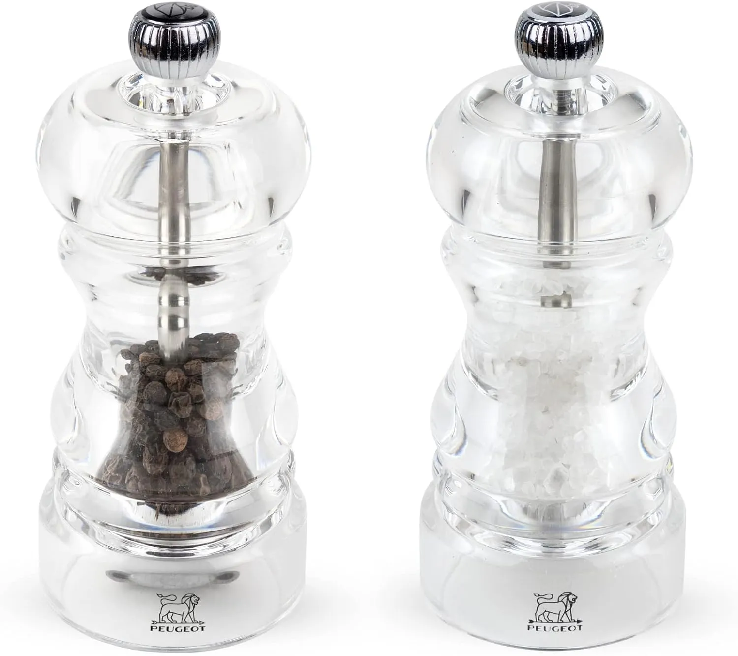 Peugeot - Nancy Manual Salt and Pepper Mill Set - Transparent Adjustable Grinders - Acrylic, Clear, 4.7 Inches