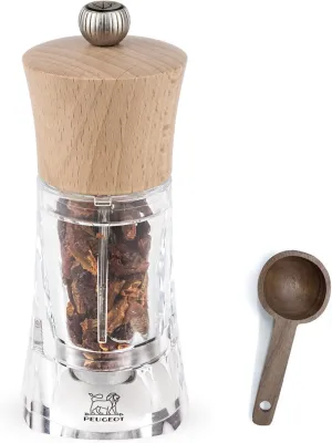 Peugeot - Oleron Manual Mill Chili Mill - Transparent Adjustable Grinder - Acrylic and Beechwood, Natural, 5.5 Inches - With Wooden Spice Scoop Spoon