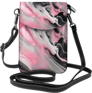Pink Abstract Ink Marble Gray Artistic Print Small Cell Phone Leather Purse Adjustable Shoulder Rope Crossbody Bags For Women