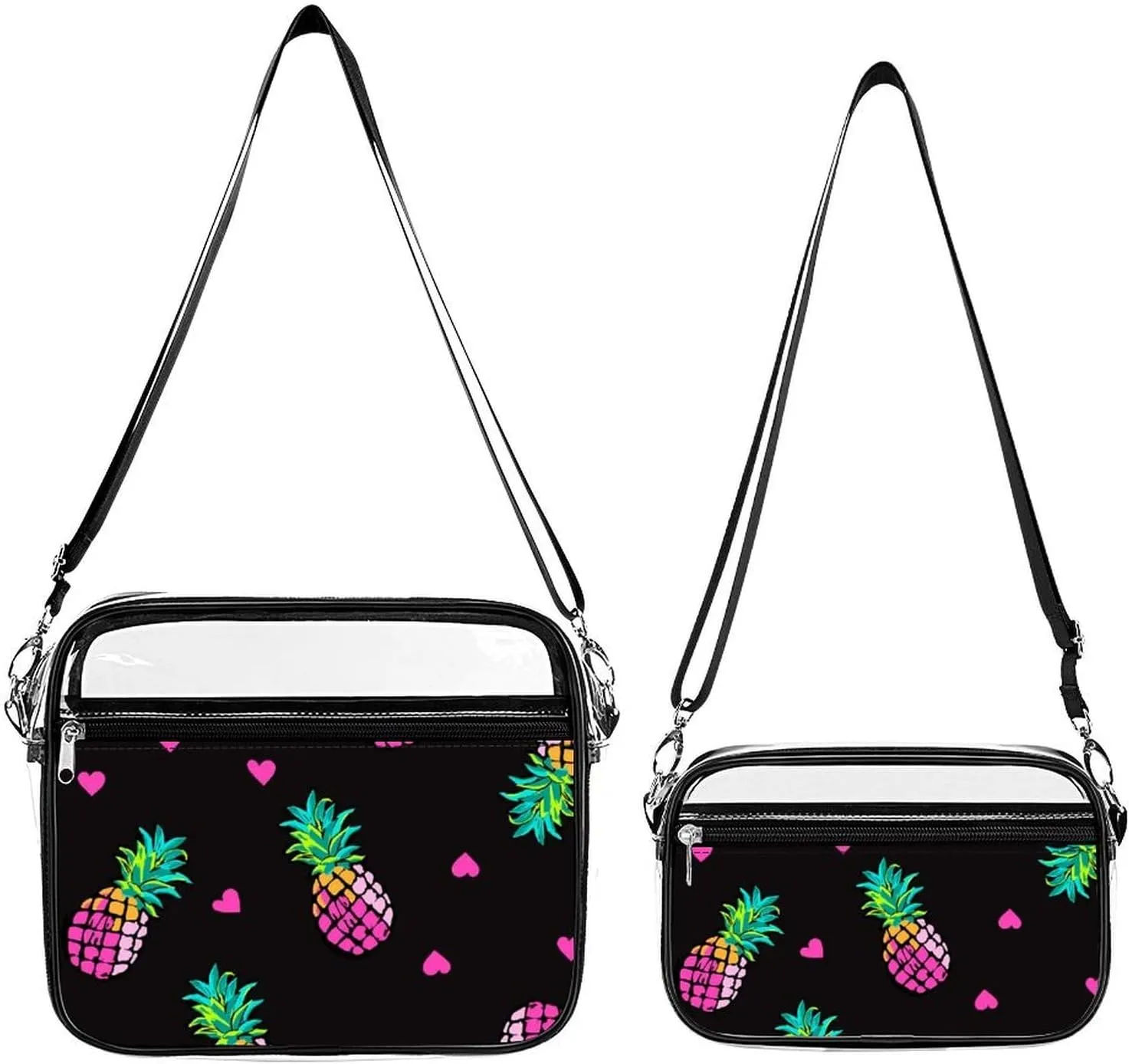 Pink Hearts And Pineapples Transparent Cross Bag Two-piece Set, Fashionable Transparent Bag