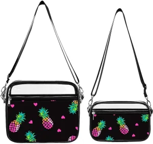 Pink Hearts And Pineapples Transparent Cross Bag Two-piece Set, Fashionable Transparent Bag