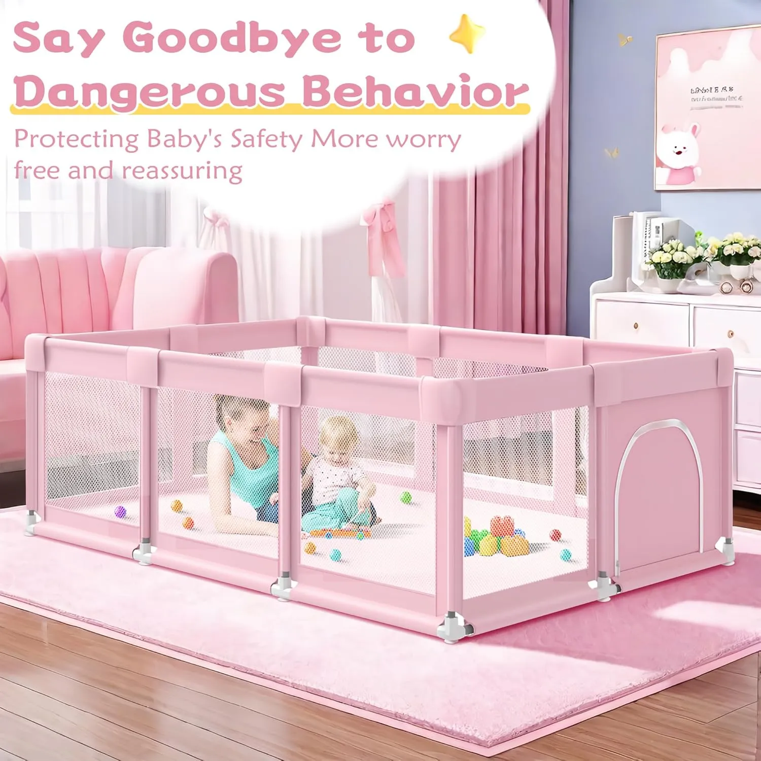 Pink Large Baby Playpen, Playpen 74x50 for Girl, Large Baby Play Yards Indoor & Outdoor, Sturdy Safety Girls Play Pen with Soft Breathable Mesh, Toddlers Activity Center with Anti-Slip Base
