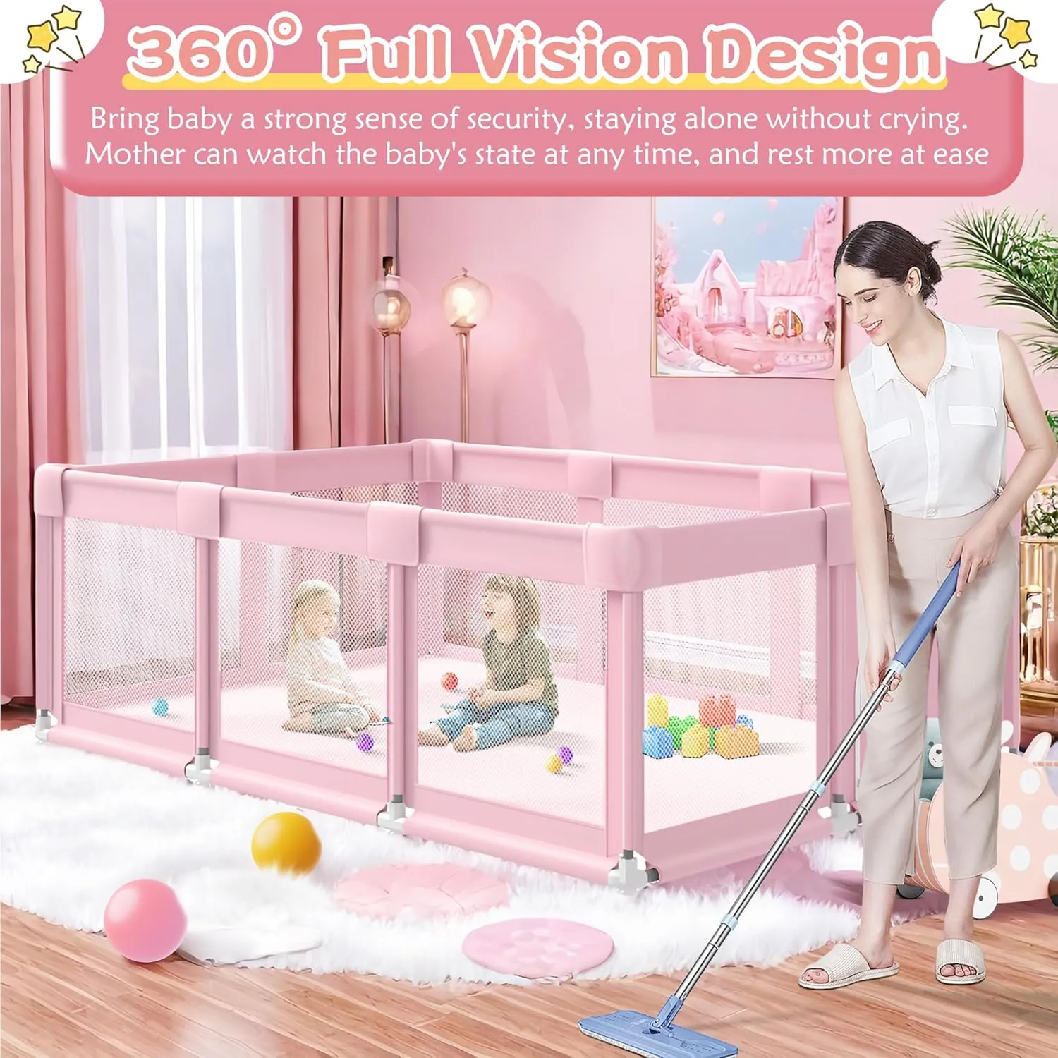 Pink Large Baby Playpen, Playpen 74x50 for Girl, Large Baby Play Yards Indoor & Outdoor, Sturdy Safety Girls Play Pen with Soft Breathable Mesh, Toddlers Activity Center with Anti-Slip Base