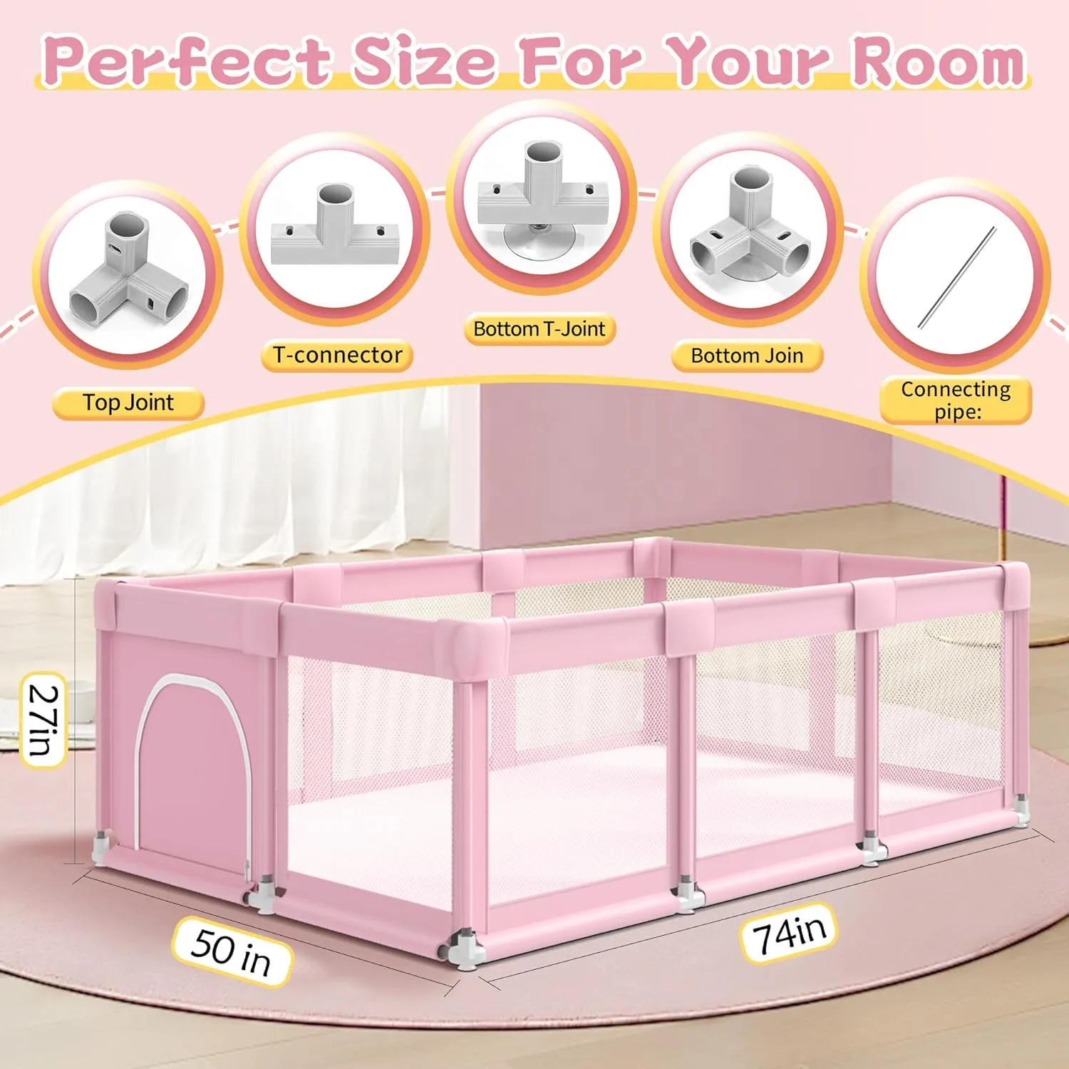 Pink Large Baby Playpen, Playpen 74x50 for Girl, Large Baby Play Yards Indoor & Outdoor, Sturdy Safety Girls Play Pen with Soft Breathable Mesh, Toddlers Activity Center with Anti-Slip Base