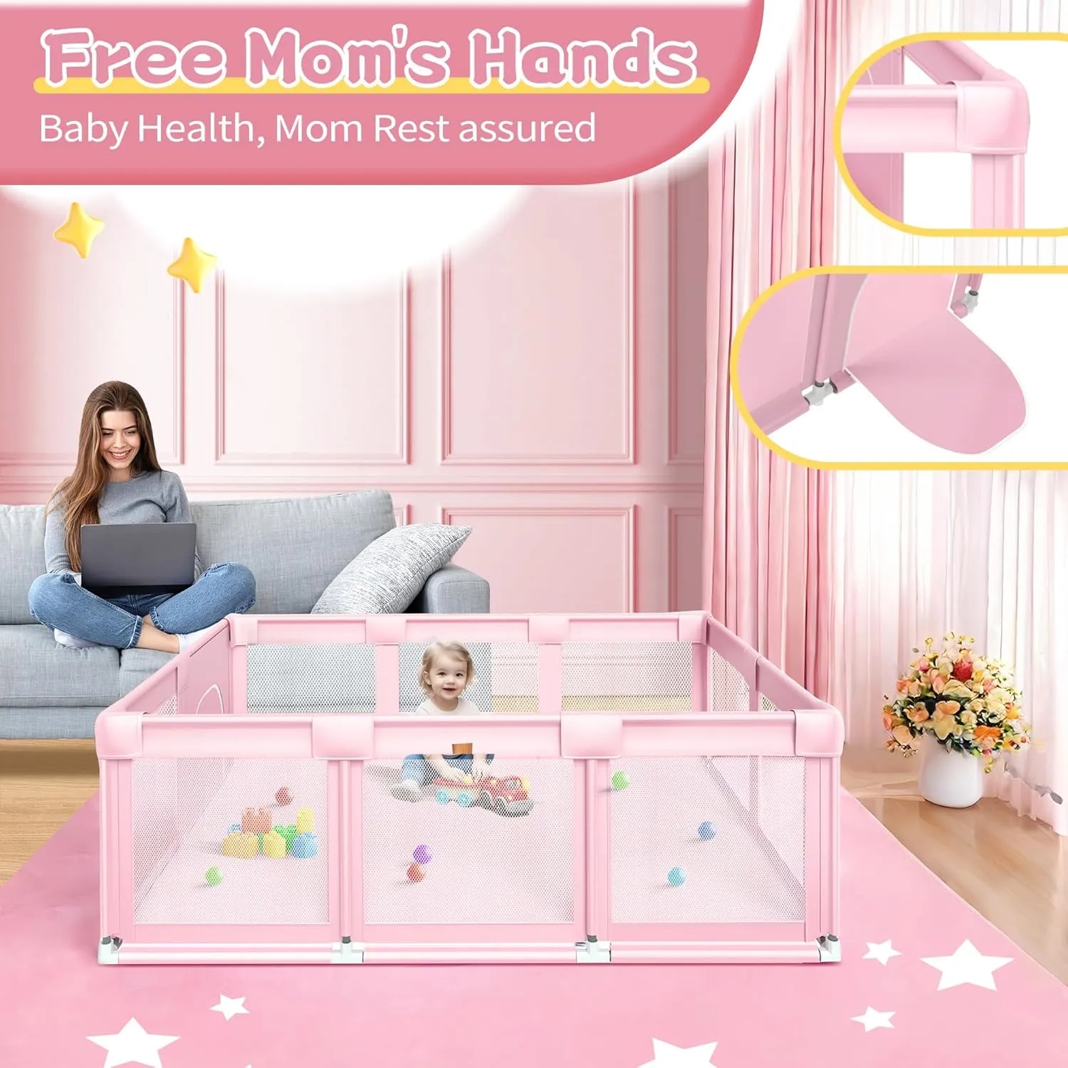 Pink Large Baby Playpen, Playpen 74x50 for Girl, Large Baby Play Yards Indoor & Outdoor, Sturdy Safety Girls Play Pen with Soft Breathable Mesh, Toddlers Activity Center with Anti-Slip Base