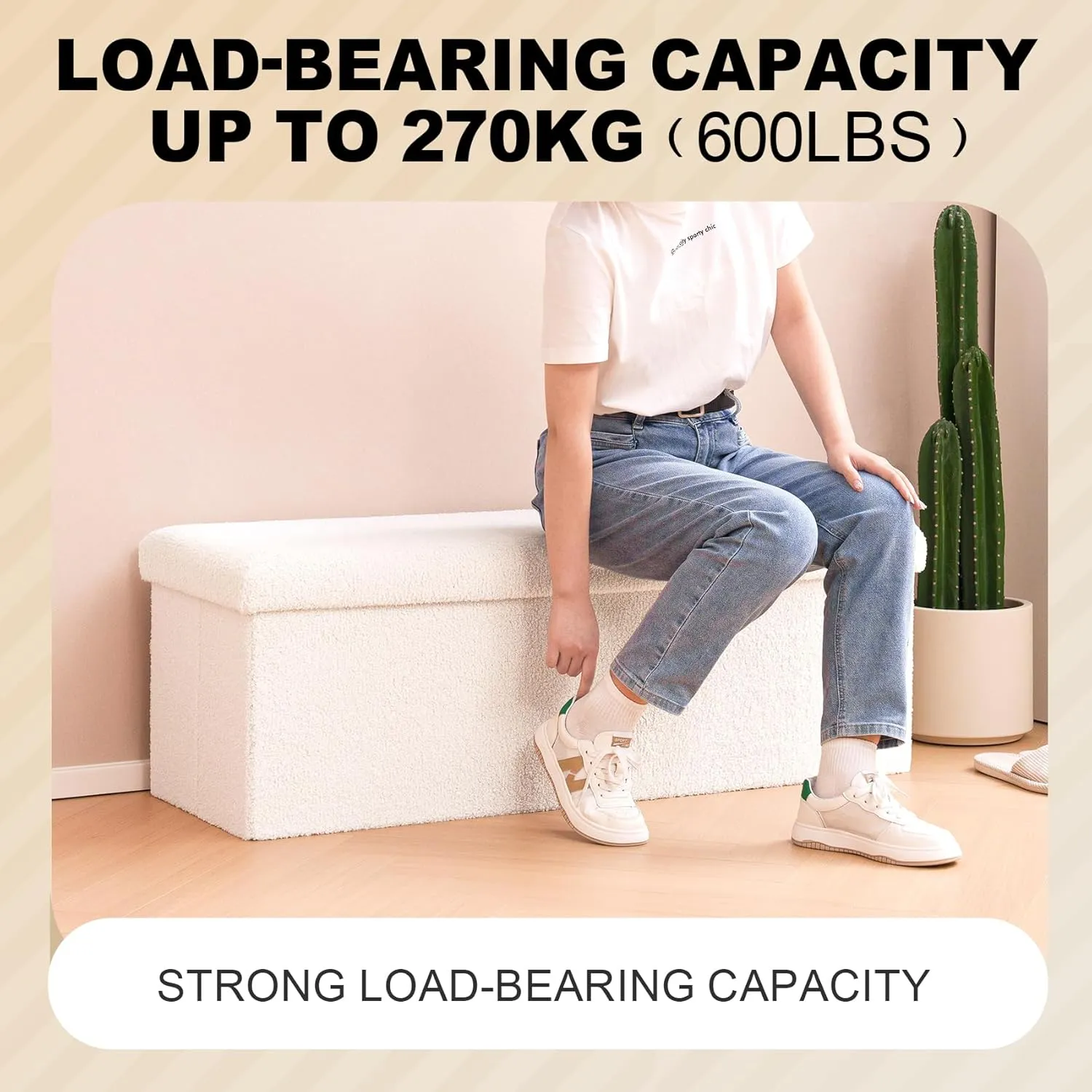 PINPLUS Folding Storage Ottoman Bench, Upholstered Sherpa Ottoman, Large Storage Chest Footrest Footstool with Lids, Entryway Bench for Living Room Bedroom, White, 43.3'' x 15'' x 15''