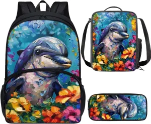 PinUp Angel Cute Dolphin Print Kids Art Oil Painting Animal Pattern Backpack with Lunch Bag Pencil Bag for Elementary Primary School Bags for Children Book Bags Gifts