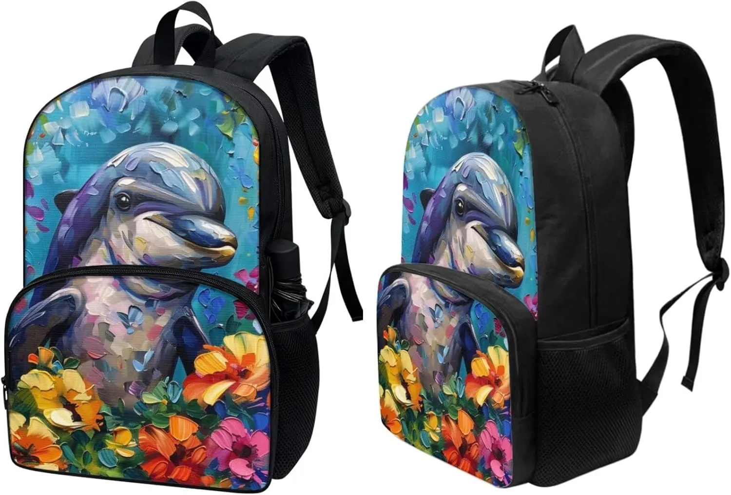 PinUp Angel Cute Dolphin Print Kids Art Oil Painting Animal Pattern Backpack with Lunch Bag Pencil Bag for Elementary Primary School Bags for Children Book Bags Gifts