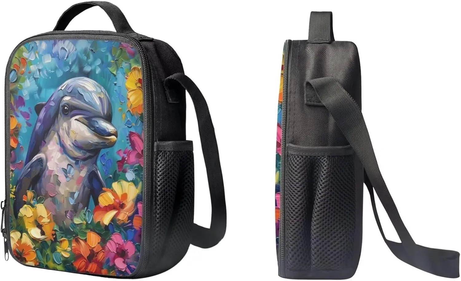 PinUp Angel Cute Dolphin Print Kids Art Oil Painting Animal Pattern Backpack with Lunch Bag Pencil Bag for Elementary Primary School Bags for Children Book Bags Gifts