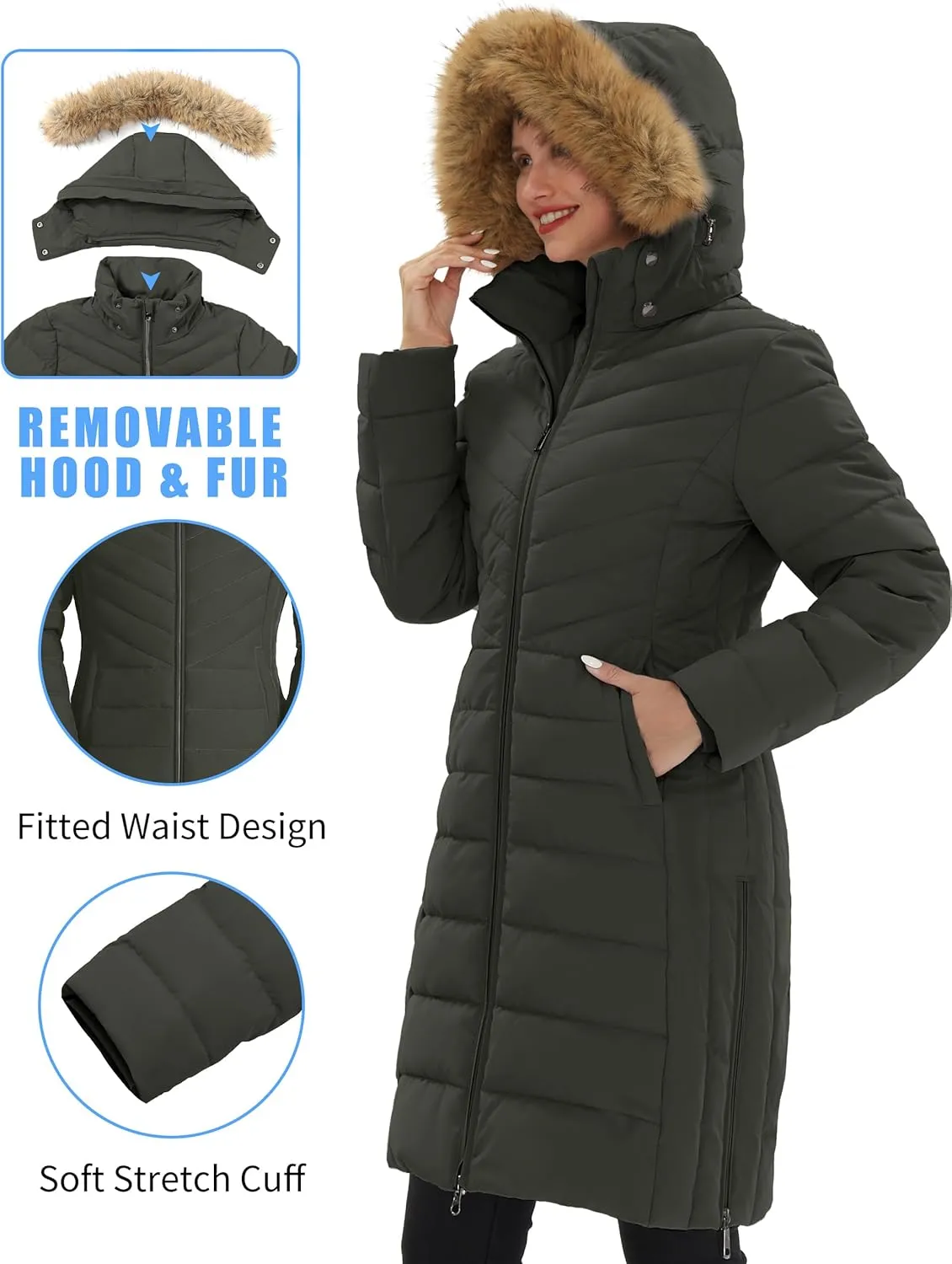 Pioneer Camp Women's Winter Coats Warm Thicken Long Puffer Jacket Waterproof Quilted Parka with Removable Faux Fur Hood