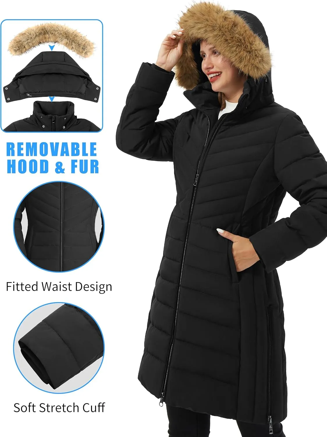 Pioneer Camp Women's Winter Coats Warm Thicken Long Puffer Jacket Waterproof Quilted Parka with Removable Faux Fur Hood