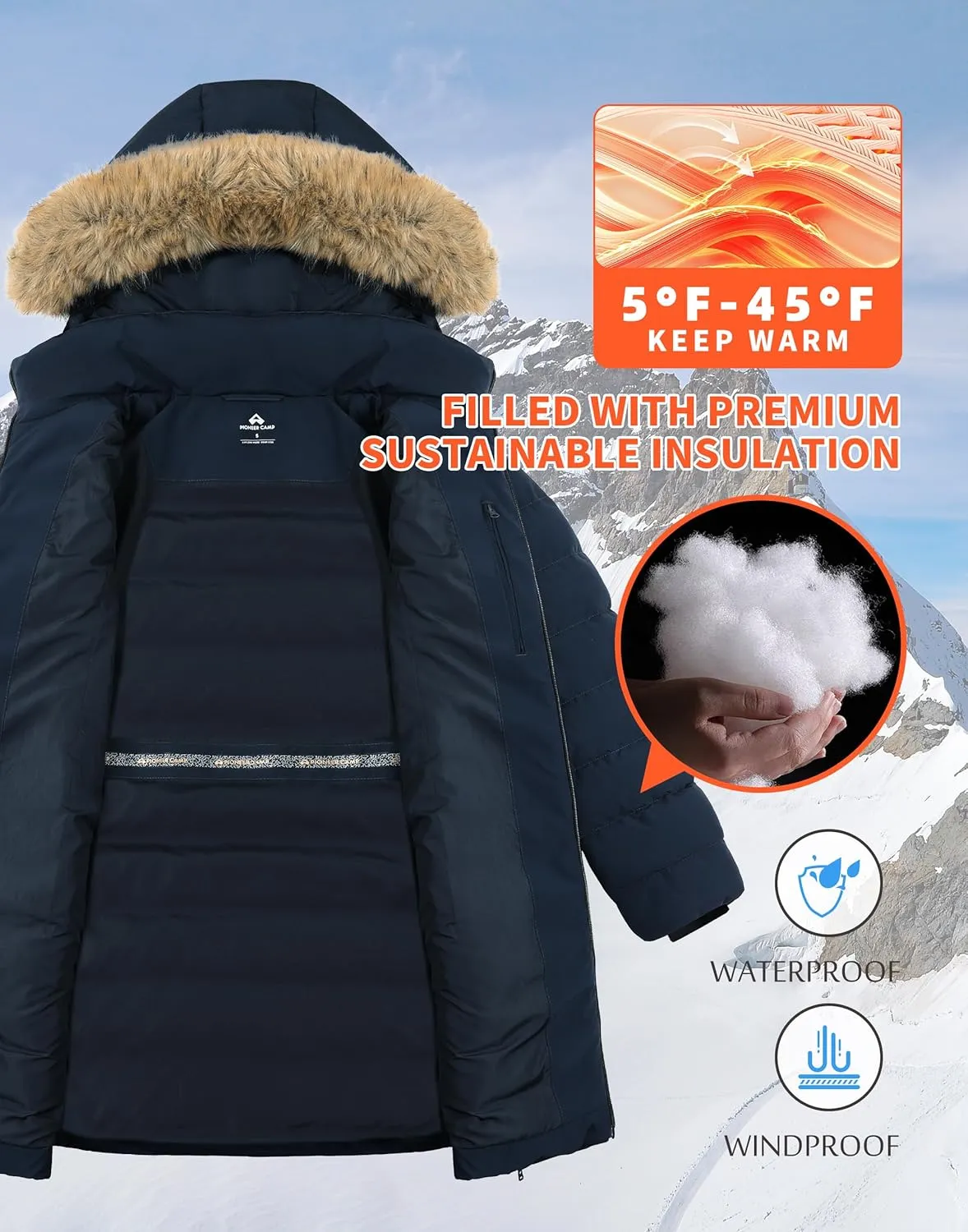 Pioneer Camp Women's Winter Coats Warm Thicken Long Puffer Jacket Waterproof Quilted Parka with Removable Faux Fur Hood