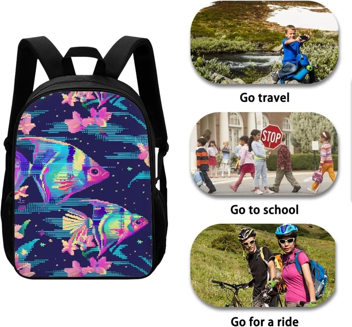 Pixel Angelfish Print Vibrant Pixel Pattern Student Backpack 17 Inch Bookbag for Girls Boys，School Travel Hiking Daily Use