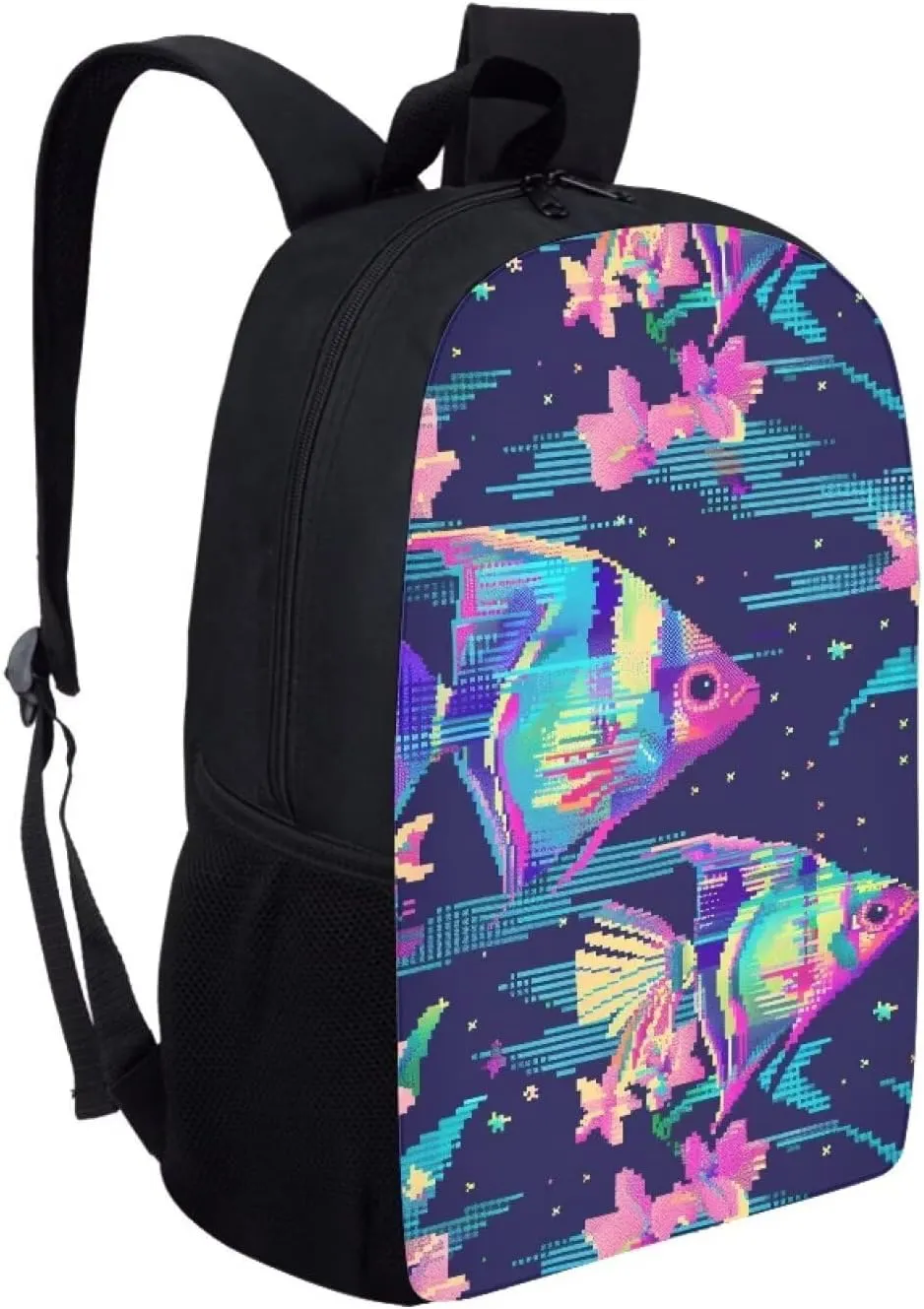 Pixel Angelfish Print Vibrant Pixel Pattern Student Backpack 17 Inch Bookbag for Girls Boys，School Travel Hiking Daily Use