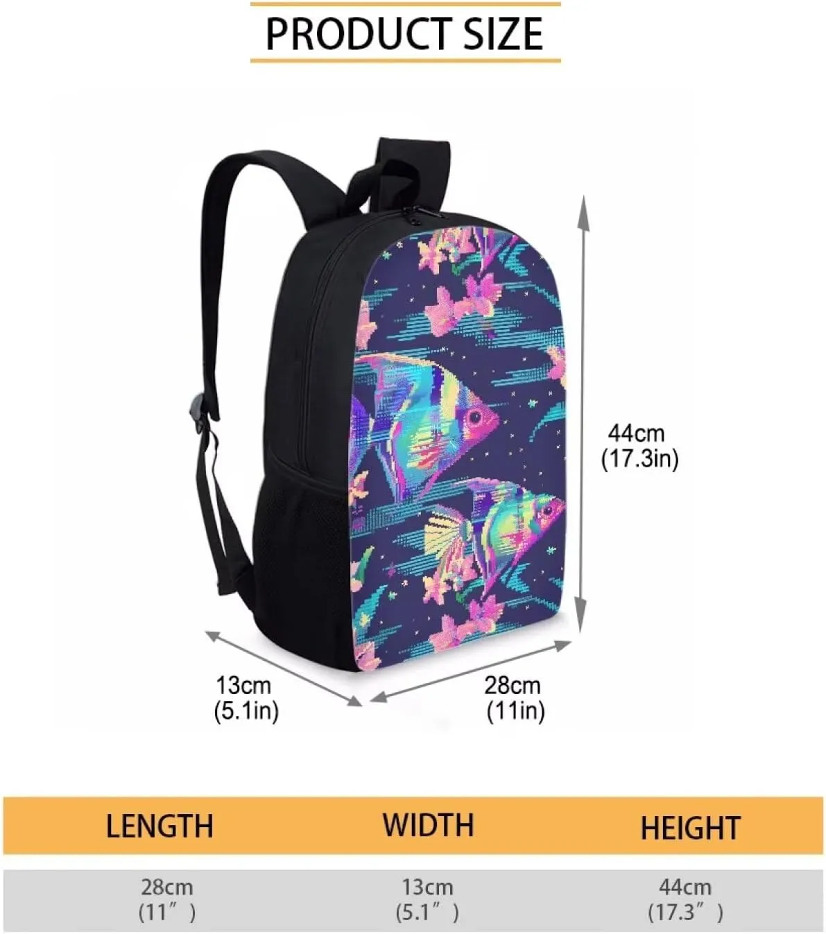 Pixel Angelfish Print Vibrant Pixel Pattern Student Backpack 17 Inch Bookbag for Girls Boys，School Travel Hiking Daily Use