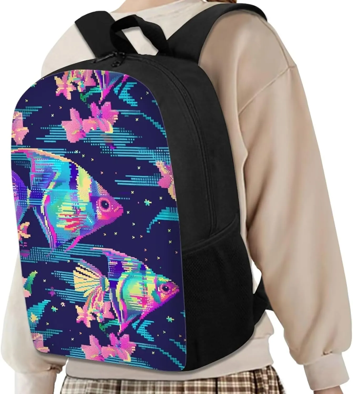 Pixel Angelfish Print Vibrant Pixel Pattern Student Backpack 17 Inch Bookbag for Girls Boys，School Travel Hiking Daily Use