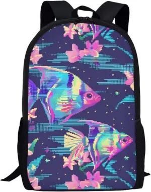Pixel Angelfish Print Vibrant Pixel Pattern Student Backpack 17 Inch Bookbag for Girls Boys，School Travel Hiking Daily Use