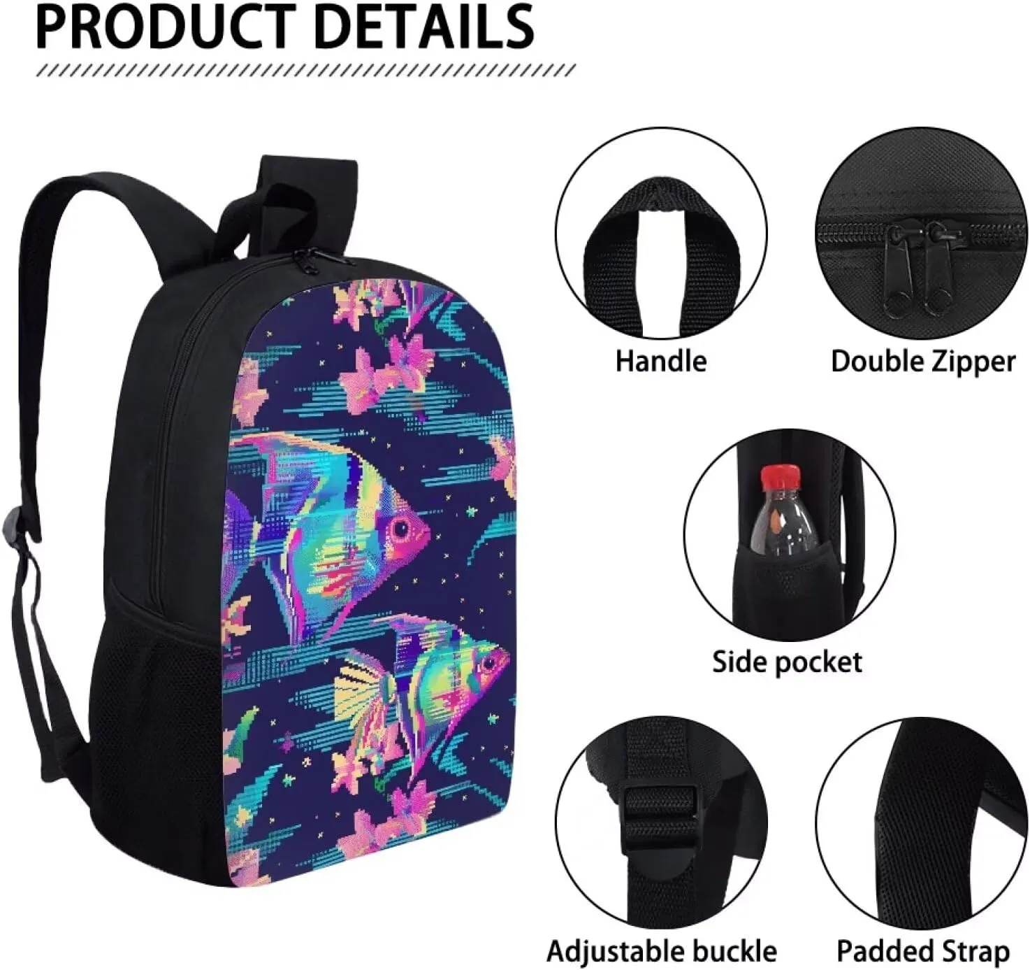 Pixel Angelfish Print Vibrant Pixel Pattern Student Backpack 17 Inch Bookbag for Girls Boys，School Travel Hiking Daily Use