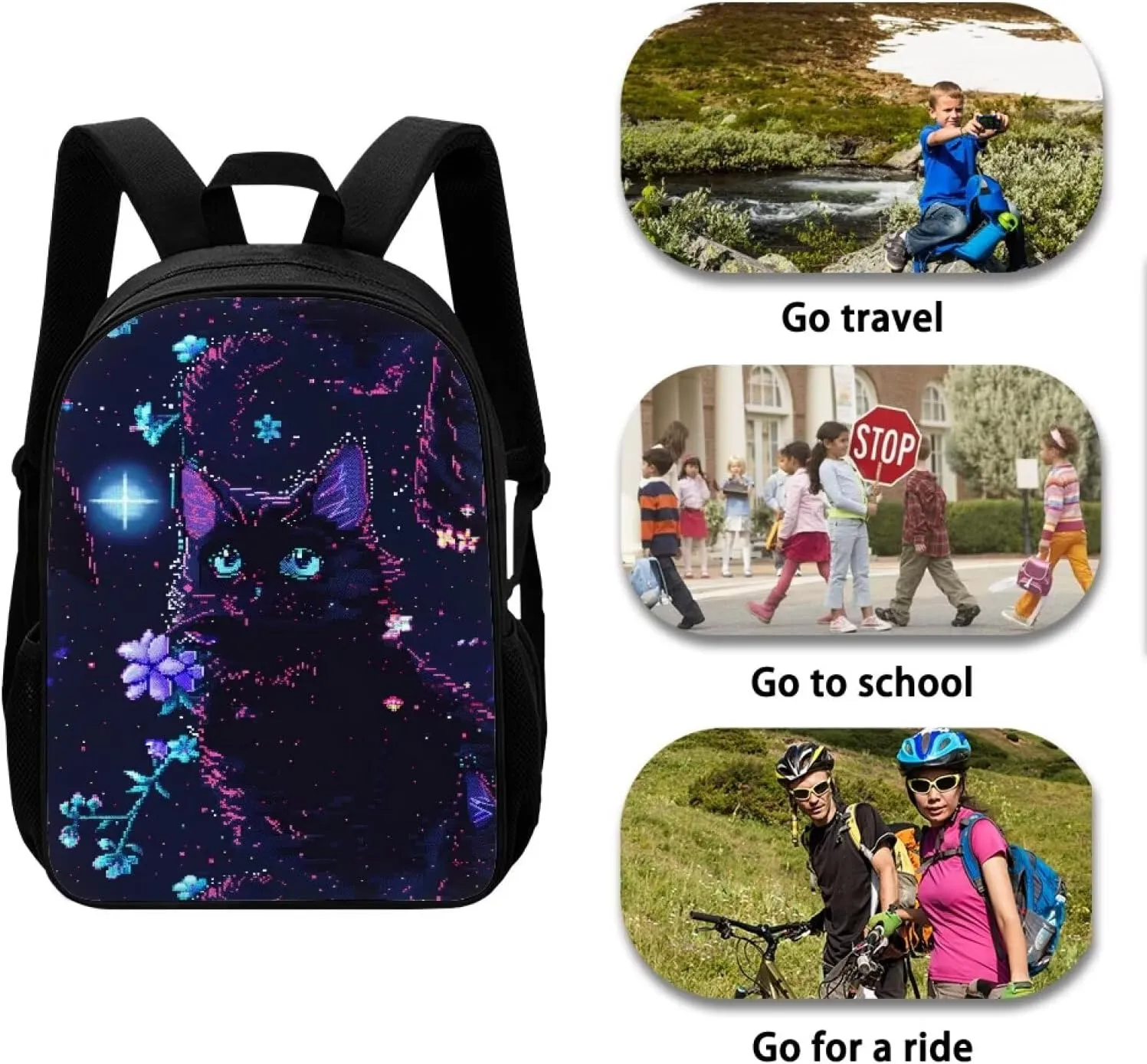 Pixel Black Cat Print Vibrant Pixel Pattern Student Backpack 17 Inch Bookbag for Girls Boys，School Travel Hiking Daily Use