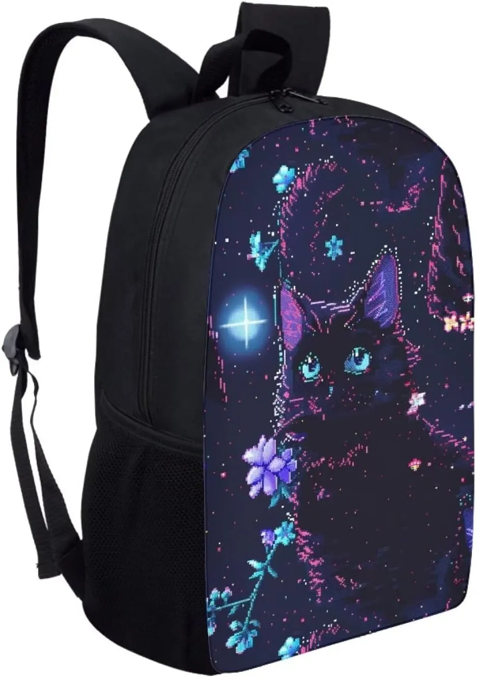 Pixel Black Cat Print Vibrant Pixel Pattern Student Backpack 17 Inch Bookbag for Girls Boys，School Travel Hiking Daily Use