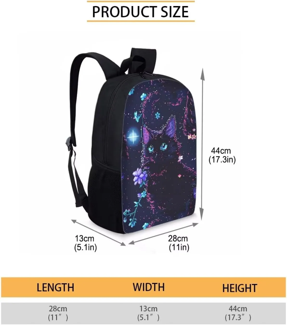 Pixel Black Cat Print Vibrant Pixel Pattern Student Backpack 17 Inch Bookbag for Girls Boys，School Travel Hiking Daily Use