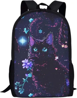 Pixel Black Cat Print Vibrant Pixel Pattern Student Backpack 17 Inch Bookbag for Girls Boys，School Travel Hiking Daily Use