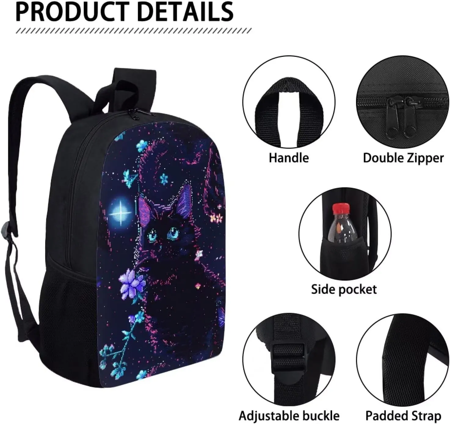 Pixel Black Cat Print Vibrant Pixel Pattern Student Backpack 17 Inch Bookbag for Girls Boys，School Travel Hiking Daily Use