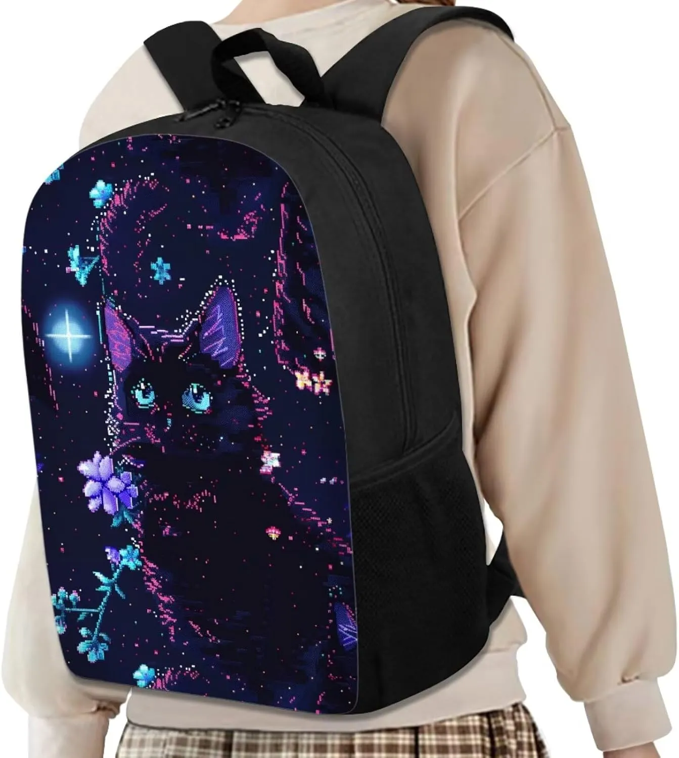 Pixel Black Cat Print Vibrant Pixel Pattern Student Backpack 17 Inch Bookbag for Girls Boys，School Travel Hiking Daily Use