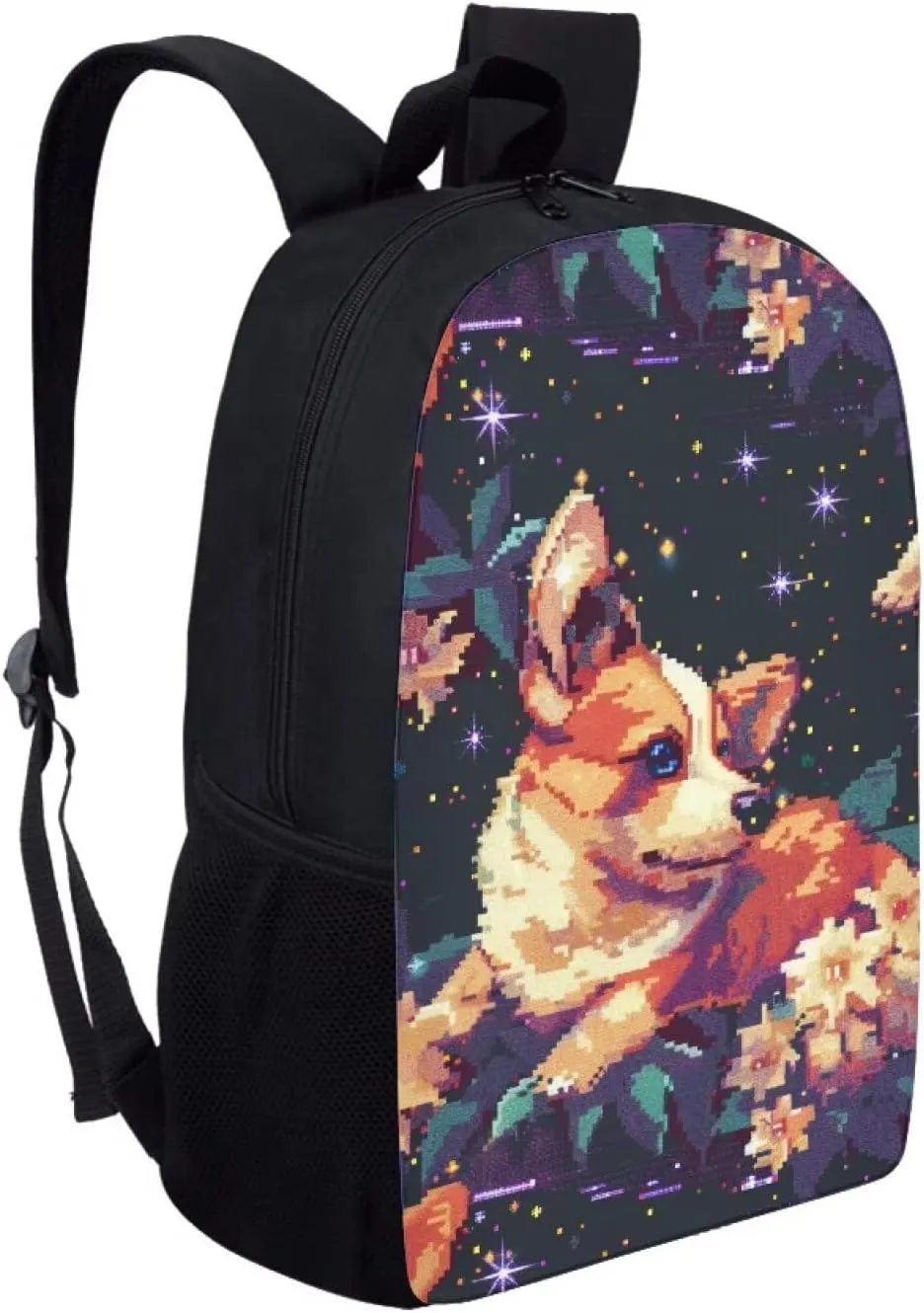 Pixel Corgi Print Vibrant Pixel Pattern Student Backpack 17 Inch Bookbag for Girls Boys，School Travel Hiking Daily Use