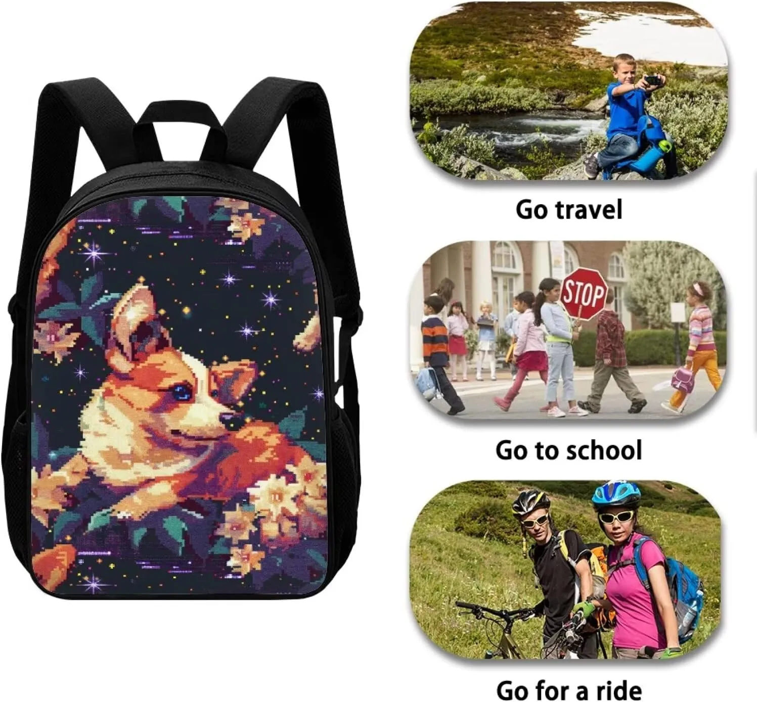 Pixel Corgi Print Vibrant Pixel Pattern Student Backpack 17 Inch Bookbag for Girls Boys，School Travel Hiking Daily Use