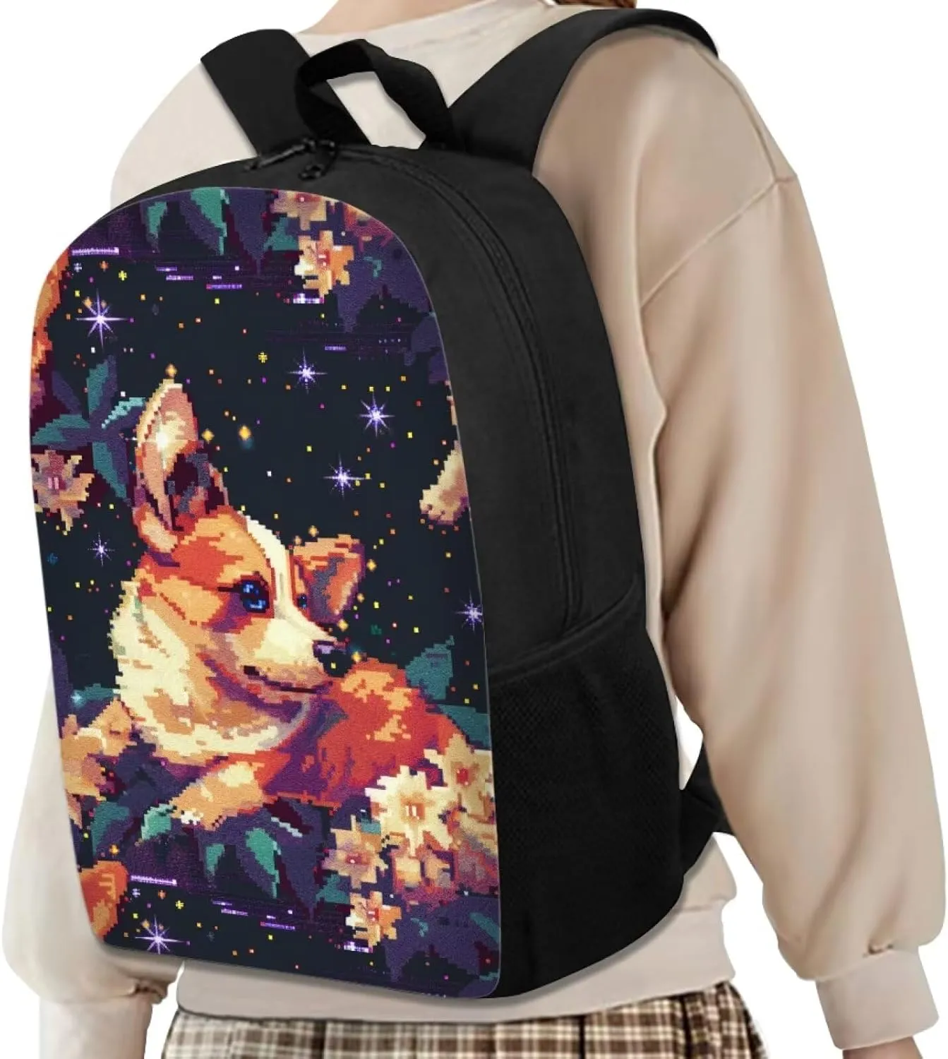 Pixel Corgi Print Vibrant Pixel Pattern Student Backpack 17 Inch Bookbag for Girls Boys，School Travel Hiking Daily Use