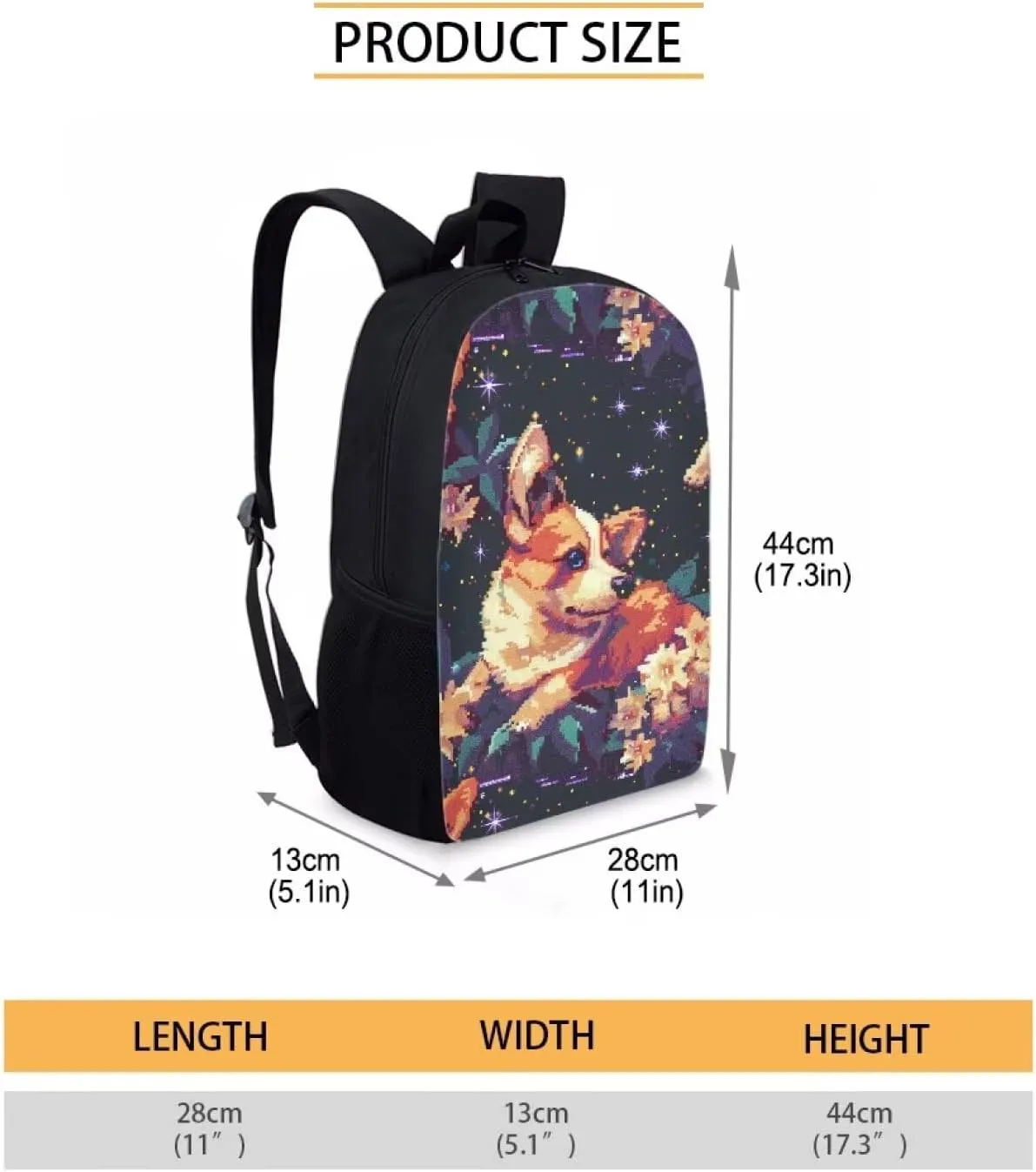 Pixel Corgi Print Vibrant Pixel Pattern Student Backpack 17 Inch Bookbag for Girls Boys，School Travel Hiking Daily Use