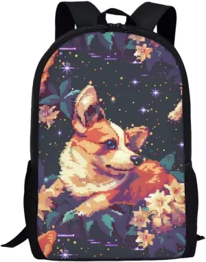 Pixel Corgi Print Vibrant Pixel Pattern Student Backpack 17 Inch Bookbag for Girls Boys，School Travel Hiking Daily Use
