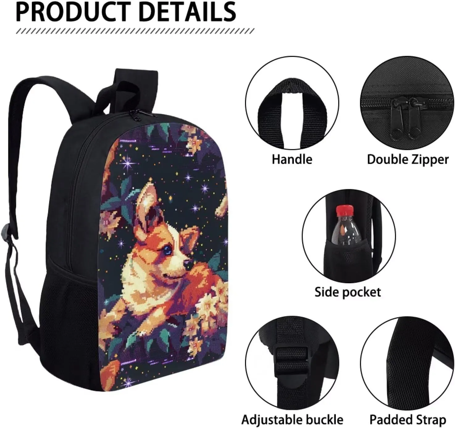 Pixel Corgi Print Vibrant Pixel Pattern Student Backpack 17 Inch Bookbag for Girls Boys，School Travel Hiking Daily Use