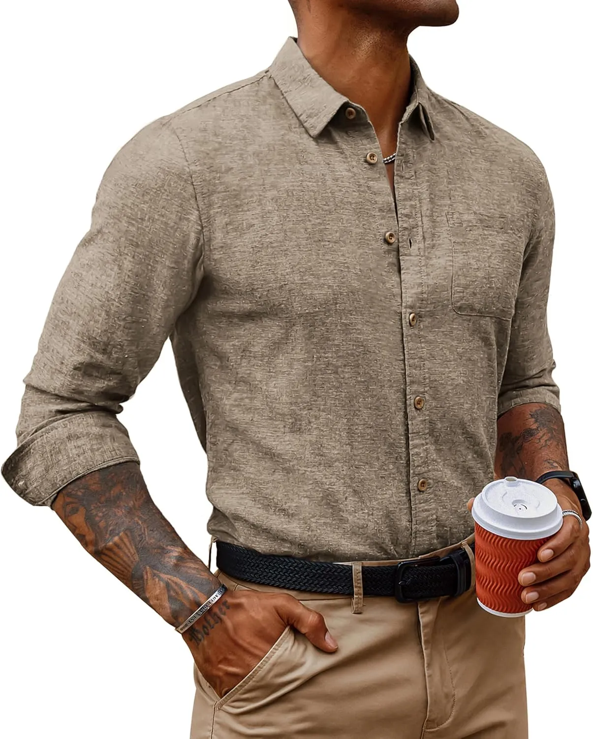 PJ PAUL JONES Men's Linen Shirts Casual Button Down Long Sleeve Shirt Lightweight Beach Shirt with Pocket