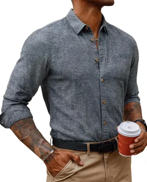 PJ PAUL JONES Men's Linen Shirts Casual Button Down Long Sleeve Shirt Lightweight Beach Shirt with Pocket