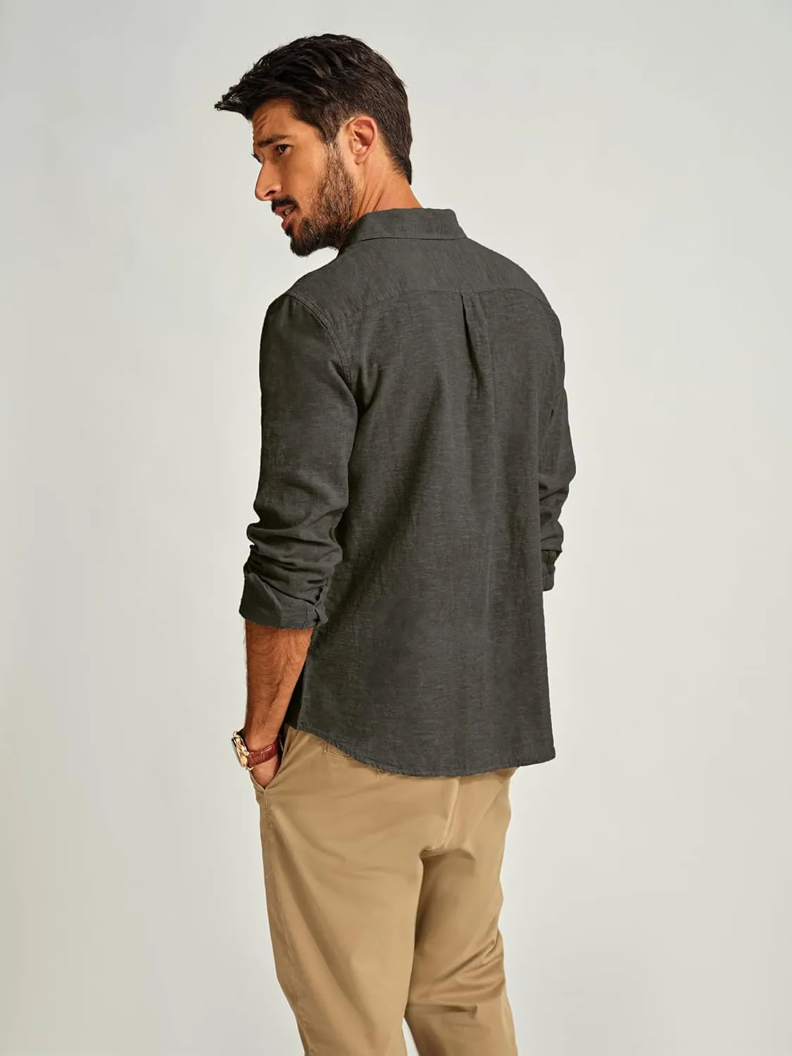 PJ PAUL JONES Men's Linen Shirts Casual Button Down Long Sleeve Shirt Lightweight Beach Shirt with Pocket