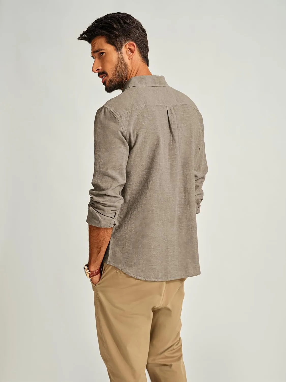 PJ PAUL JONES Men's Linen Shirts Casual Button Down Long Sleeve Shirt Lightweight Beach Shirt with Pocket