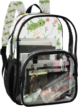 Plaaee Grasshoppers and Flowers Clear Backpack, Large Heavy Duty PVC Transparent Backpack for Kids and Adults, See Through Clear Bookbag for School, Sports, Work, Travel