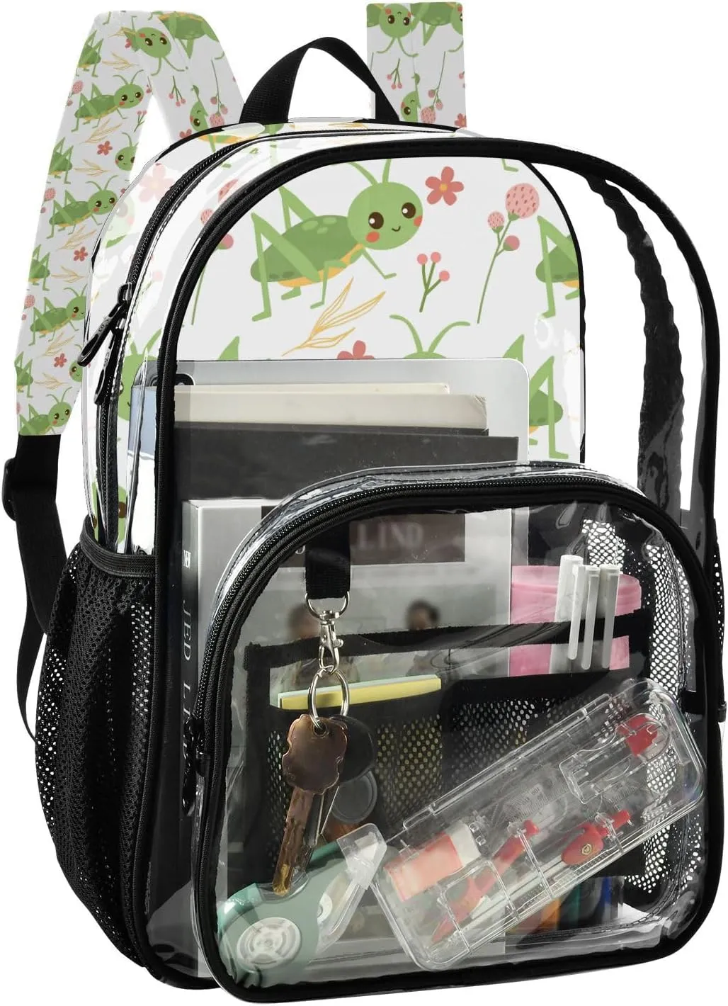 Plaaee Grasshoppers and Flowers Clear Backpack, Large Heavy Duty PVC Transparent Backpack for Kids and Adults, See Through Clear Bookbag for School, Sports, Work, Travel