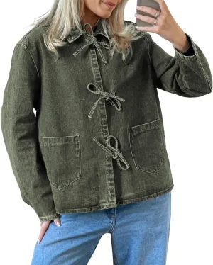 PLNOTME Womens Jean Jacket Tie Front Denim Shacket Tops Fall Fashion Long Sleeve Shirts Coat with Pockets