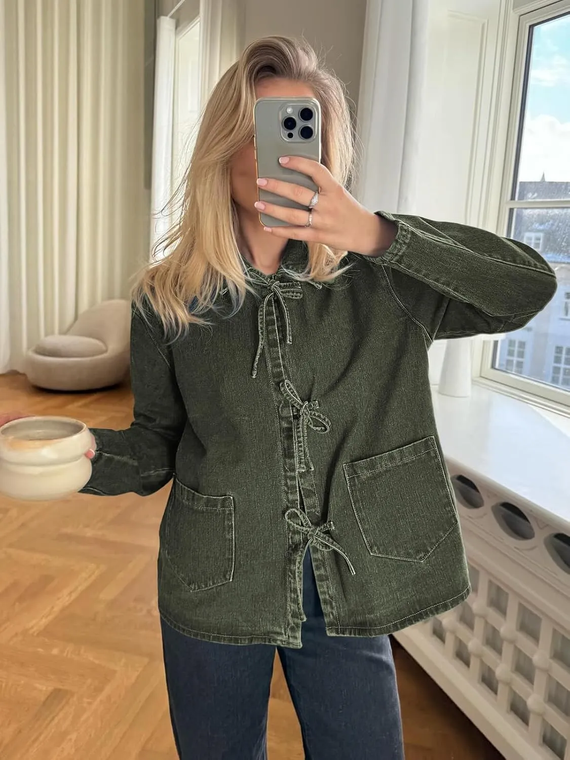 PLNOTME Womens Jean Jacket Tie Front Denim Shacket Tops Fall Fashion Long Sleeve Shirts Coat with Pockets