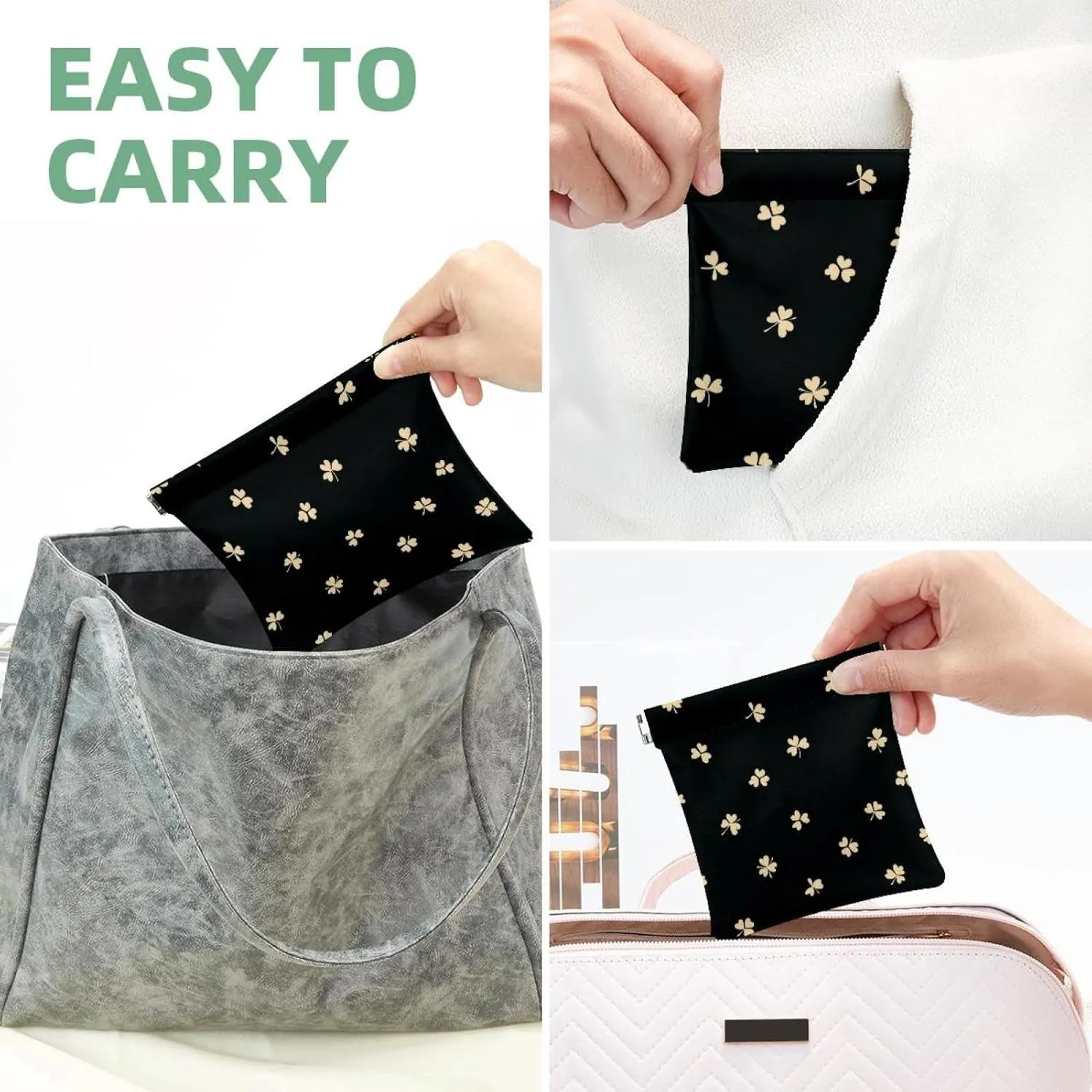Pocket Cosmetic Bag Squeeze Top, St Patrick Day Nature Plants Four Leaf Clovers Waterproof Travel Makeup Bag for Purse, Portable Mini Makeup Pouch No Zipper for Women