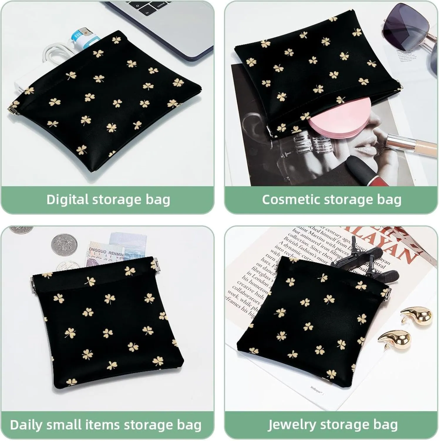 Pocket Cosmetic Bag Squeeze Top, St Patrick Day Nature Plants Four Leaf Clovers Waterproof Travel Makeup Bag for Purse, Portable Mini Makeup Pouch No Zipper for Women