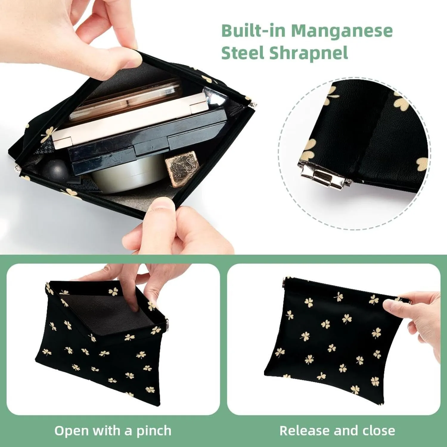 Pocket Cosmetic Bag Squeeze Top, St Patrick Day Nature Plants Four Leaf Clovers Waterproof Travel Makeup Bag for Purse, Portable Mini Makeup Pouch No Zipper for Women